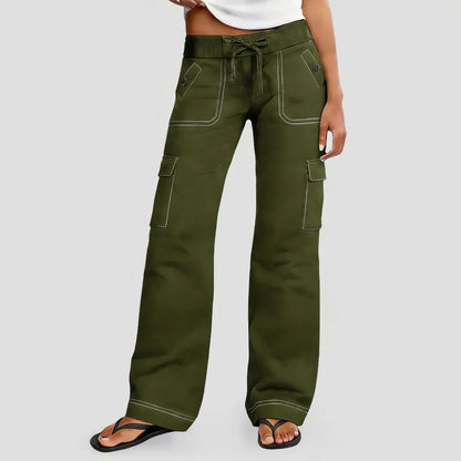 ⚡FINAL SALE⚡ Women's Wide Leg Cargo Pants - Stretchy Waist Casual Workwear with Contrast Stitching