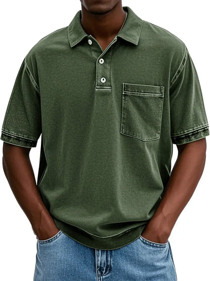 ✨VENTE FINALE✨ 10 pièces à seulement 34,99 € ✨ – Polo homme rétro délavé à col revers avec poche et manches courtes