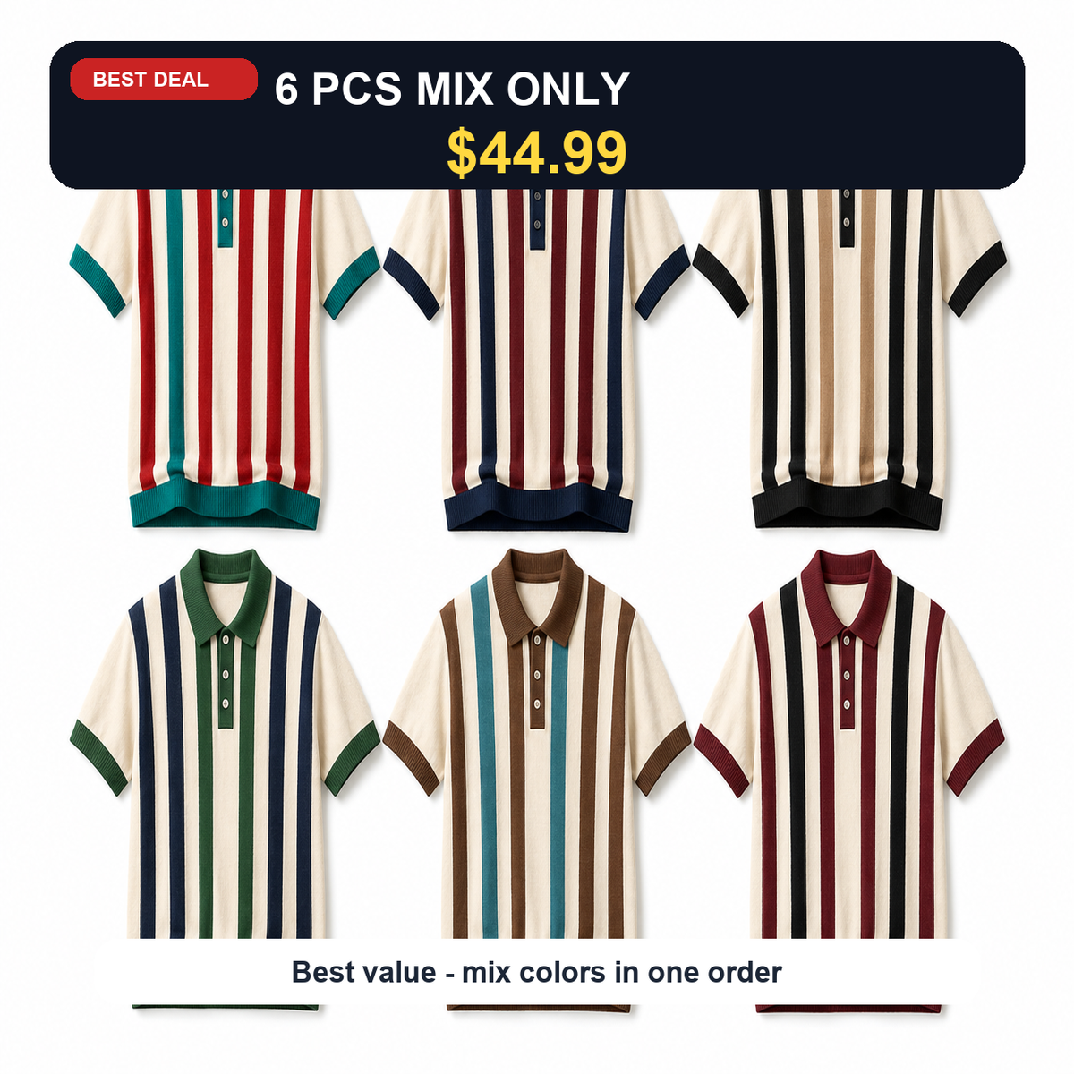 🔥CLEARANCE SALE 9-pack for $49.99🔥 Retro Stripe Knit Polo Shirt