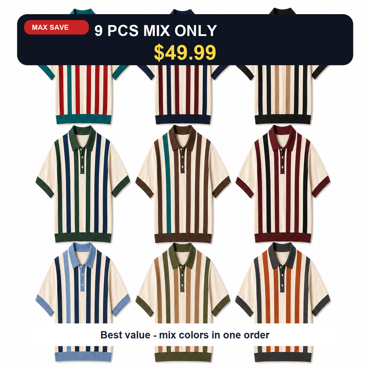 🔥CLEARANCE SALE 9-pack for $49.99🔥 Retro Stripe Knit Polo Shirt