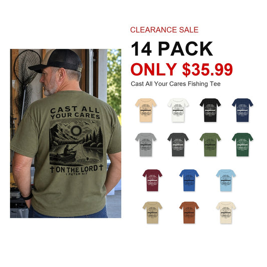 CLEARANCE SALE - Men's Cast All Your Cares Fishing Graphic Tee - 14 Colors & Bundle Deals