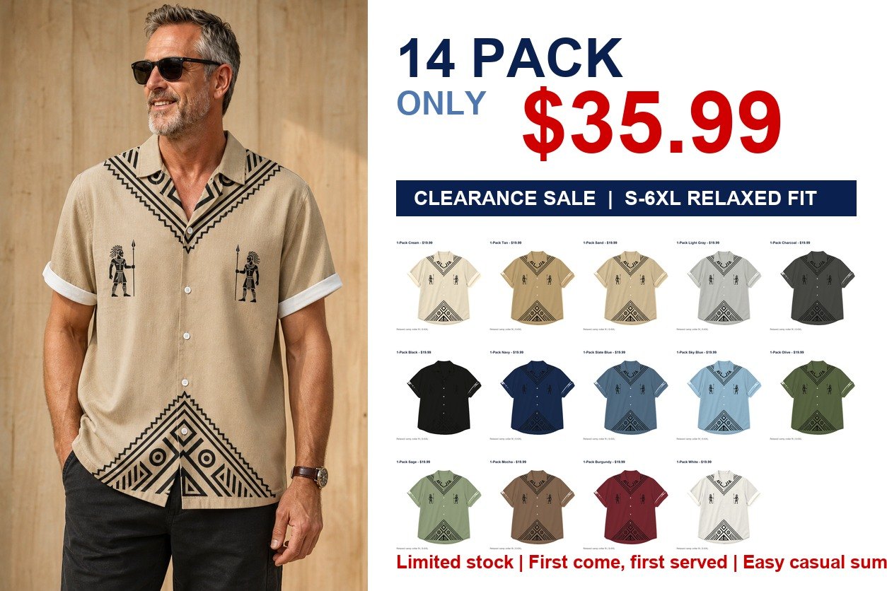 CLEARANCE SALE - Men's Tribal Pattern Camp Collar Shirt - 14 Colors & Bundle Deals