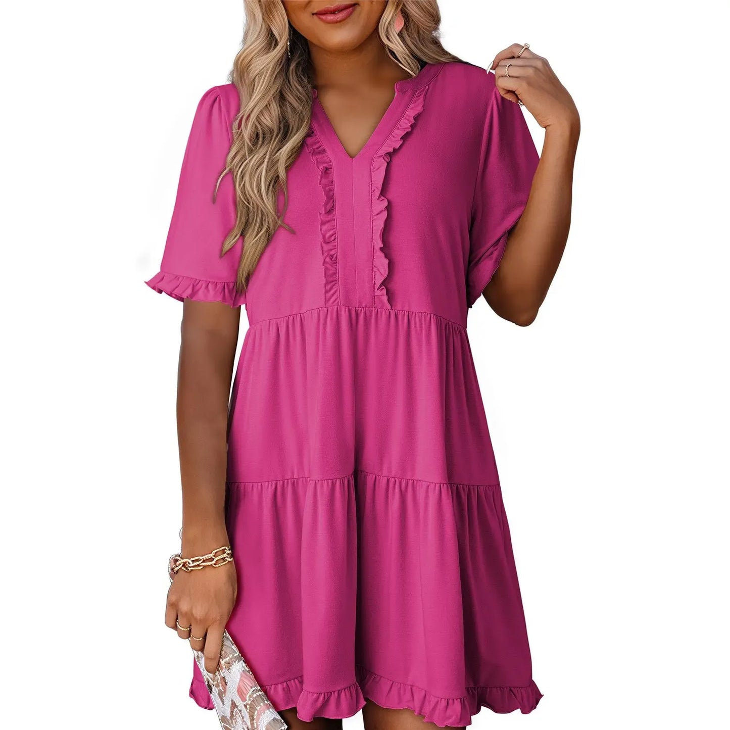 Dokotoo Womens Dresses 2026 Summer Spring V Neck Ruffle Short Sleeve Casual A-Line Flowy Swing Shift Dress Mini Dress