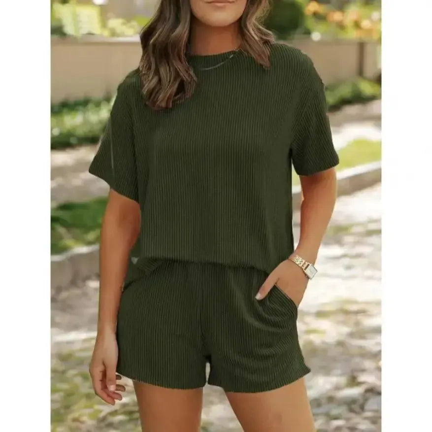 Women’s Ribbed Knit Lounge Set – Short Sleeve Top & High Waist Shorts