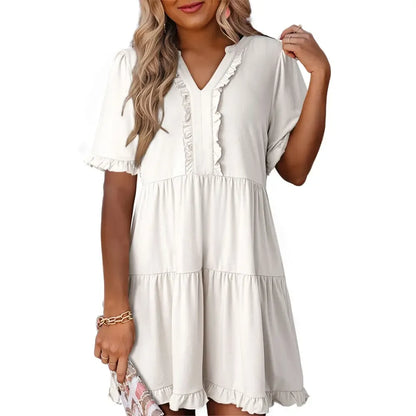 Dokotoo Womens Dresses 2026 Summer Spring V Neck Ruffle Short Sleeve Casual A-Line Flowy Swing Shift Dress Mini Dress