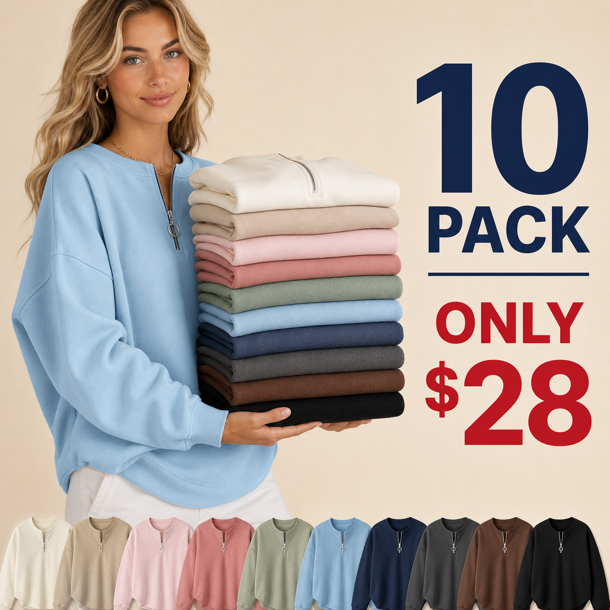 ⏰Clearance Sale⚡10 Pack for $28⚡Women's Oversized Half-Zip Pullover