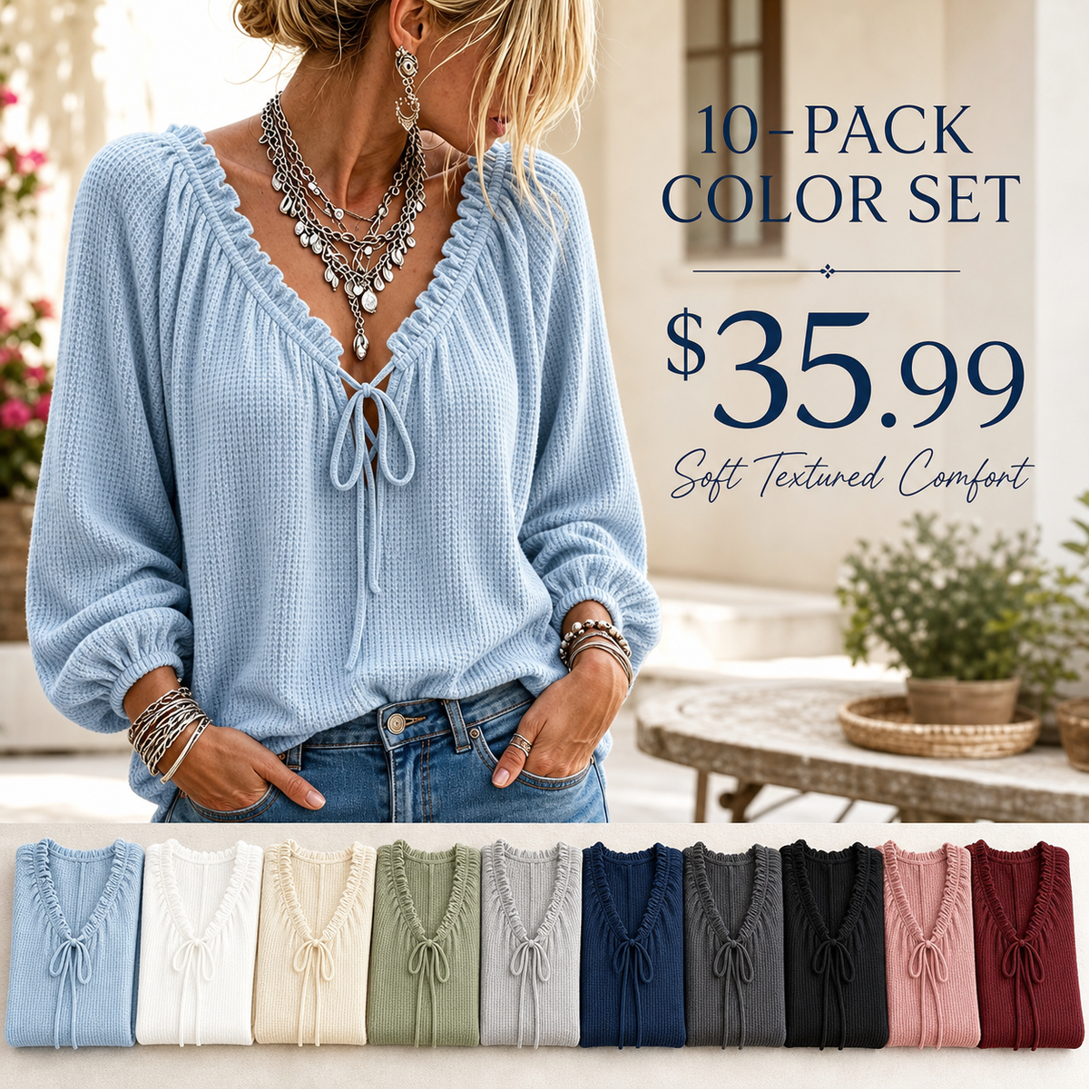 Women's Textured Knit V-Neck Tie-Front Long Sleeve Top