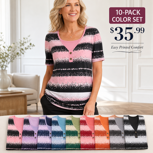 Women's Printed Stripe Short Sleeve Henley Top