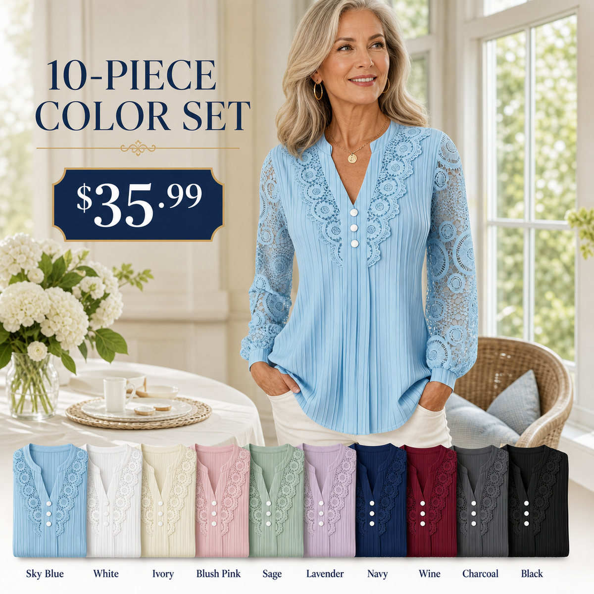Women's Pleated Lace V-Neck Long Sleeve Blouse