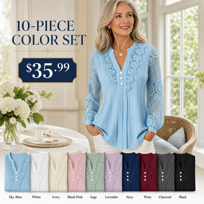 Women's Pleated Lace V-Neck Long Sleeve Blouse