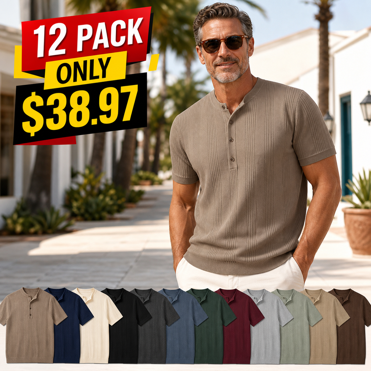 Men's Short Sleeve Ribbed Knit Henley Shirt