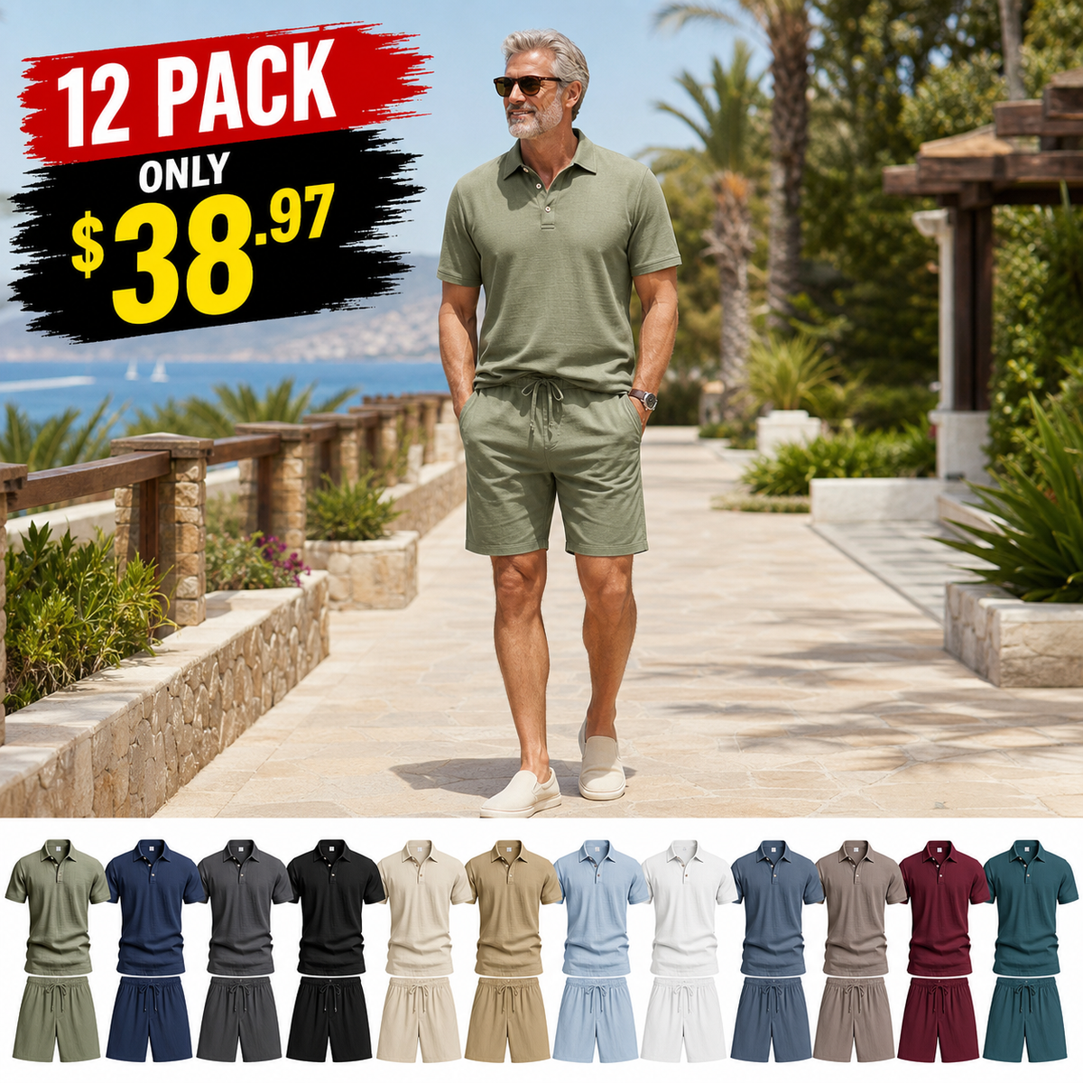 ⏰Clearance Sale⚡12-Pack Only $38.97⚡Men's Relaxed Polo Shirt and Shorts Set