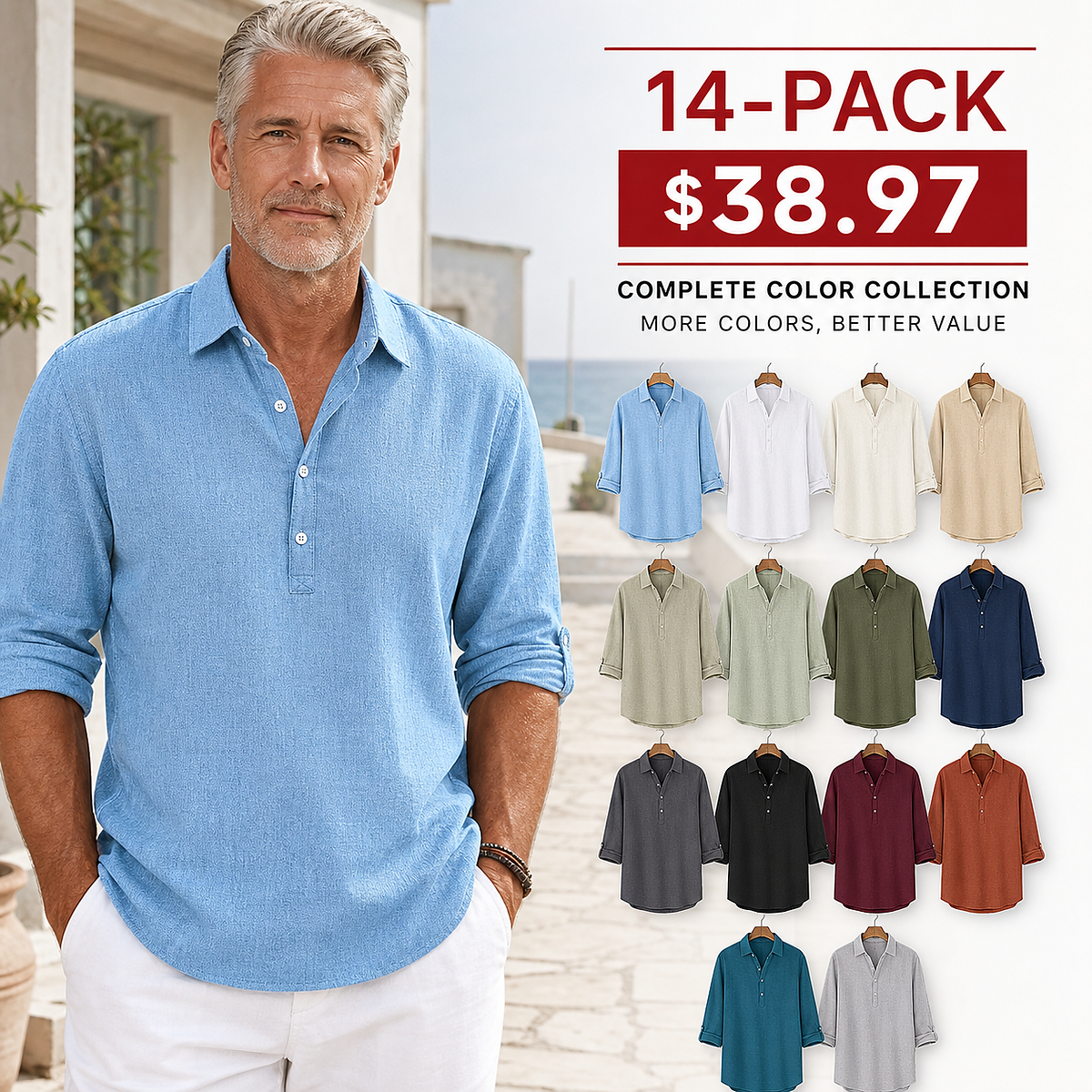 ⏰Clearance Sale⚡28-Pack Only $46.99⚡Men’s Relaxed-Fit Linen Shirt – Short & Long Sleeve