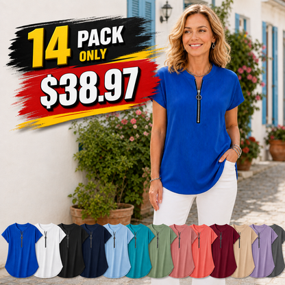 Women's Pleated Zip-Neck Short Sleeve Top