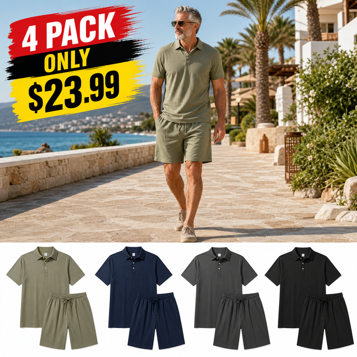 ⏰Clearance Sale⚡12-Pack Only $38.97⚡Men's Relaxed Polo Shirt and Shorts Set