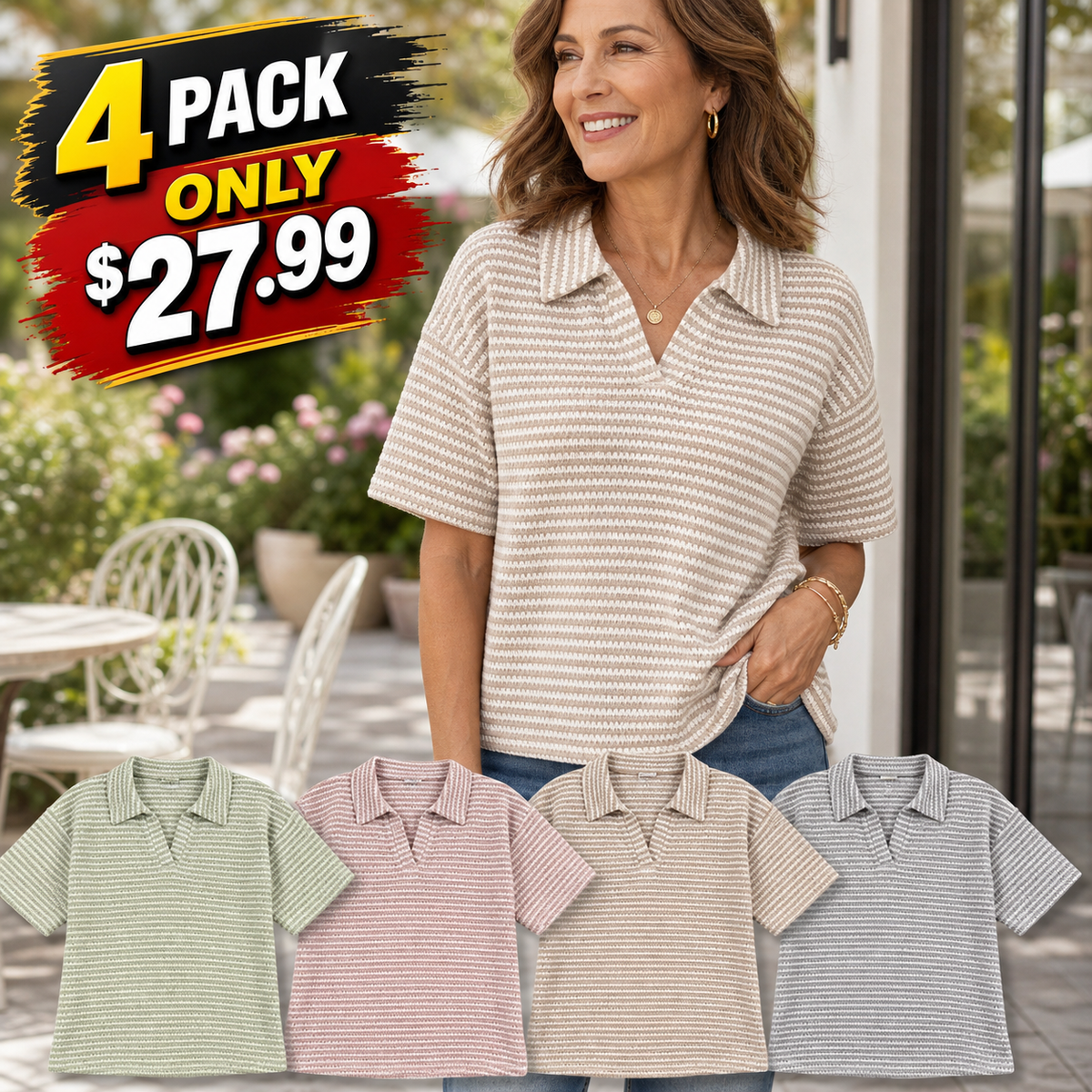 Women's Textured Striped Collared Short Sleeve Top