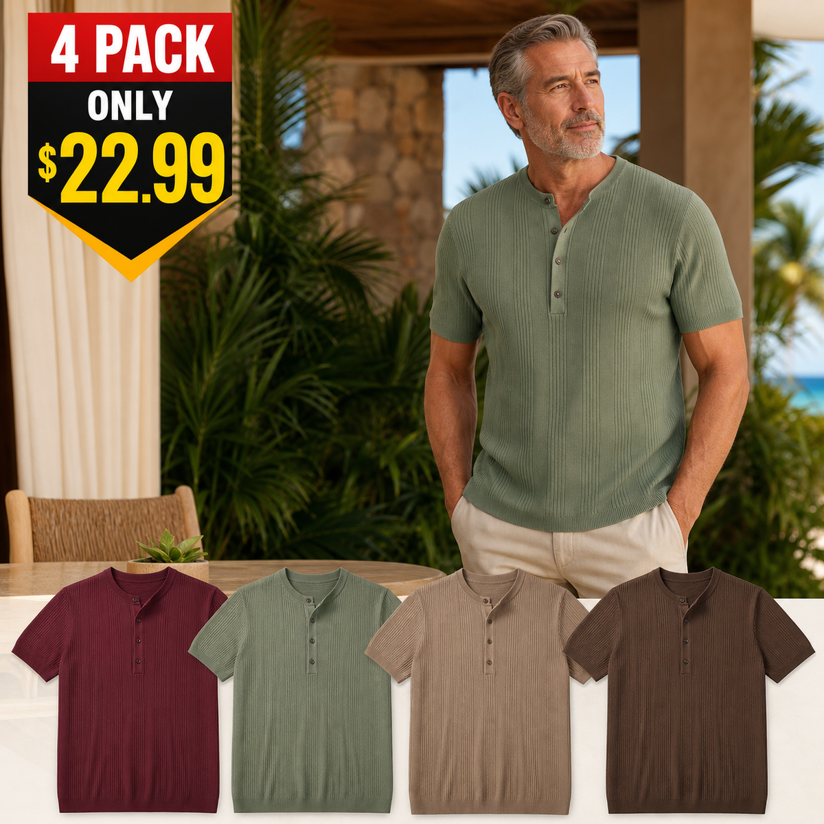 Men's Short Sleeve Ribbed Knit Henley Shirt
