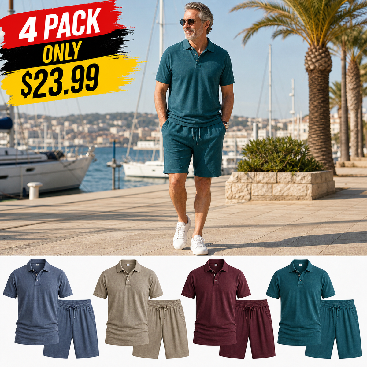 ⏰Clearance Sale⚡12-Pack Only $38.97⚡Men's Relaxed Polo Shirt and Shorts Set