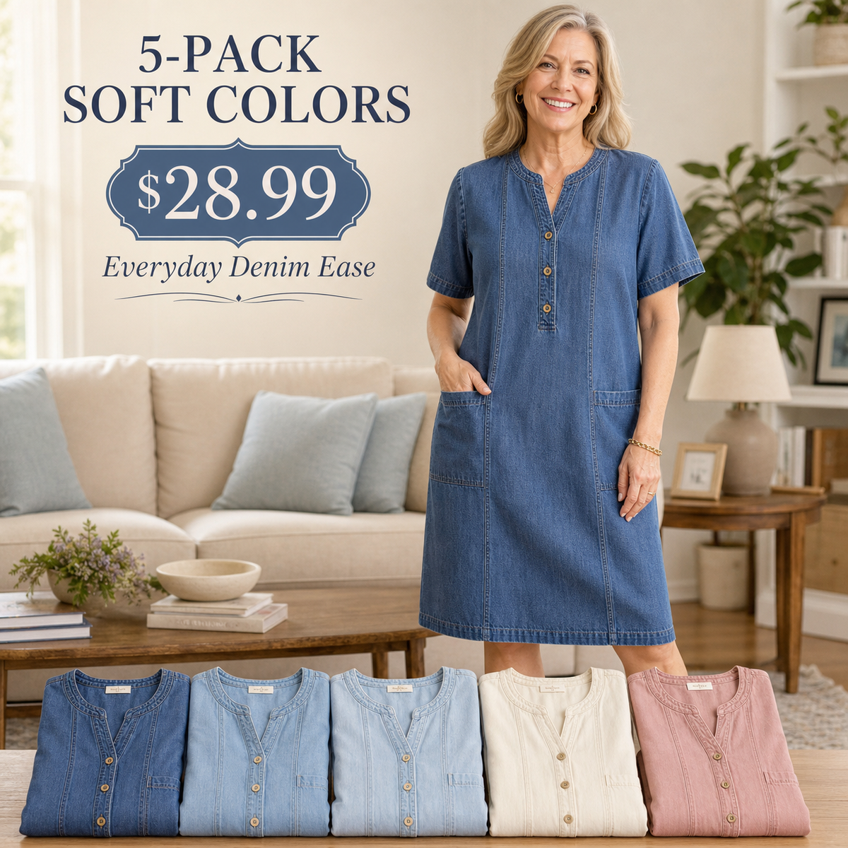 Women's Short Sleeve Denim Henley Pocket Dress