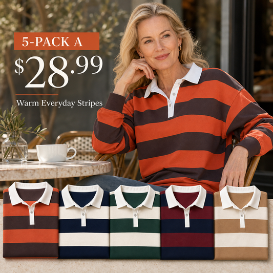 Women's Relaxed Striped Rugby Polo Long Sleeve Top