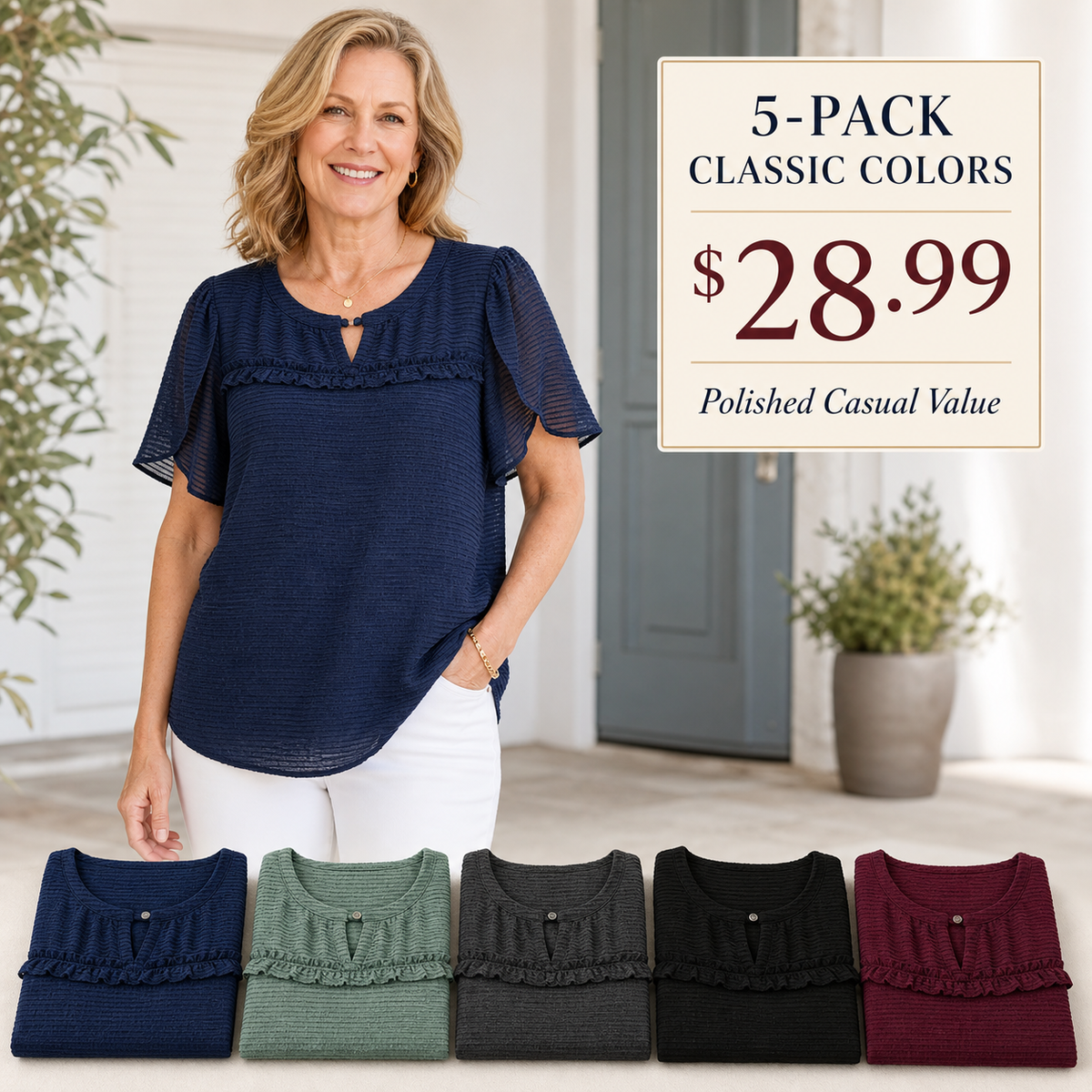 Women's Textured Flutter Sleeve Keyhole Blouse