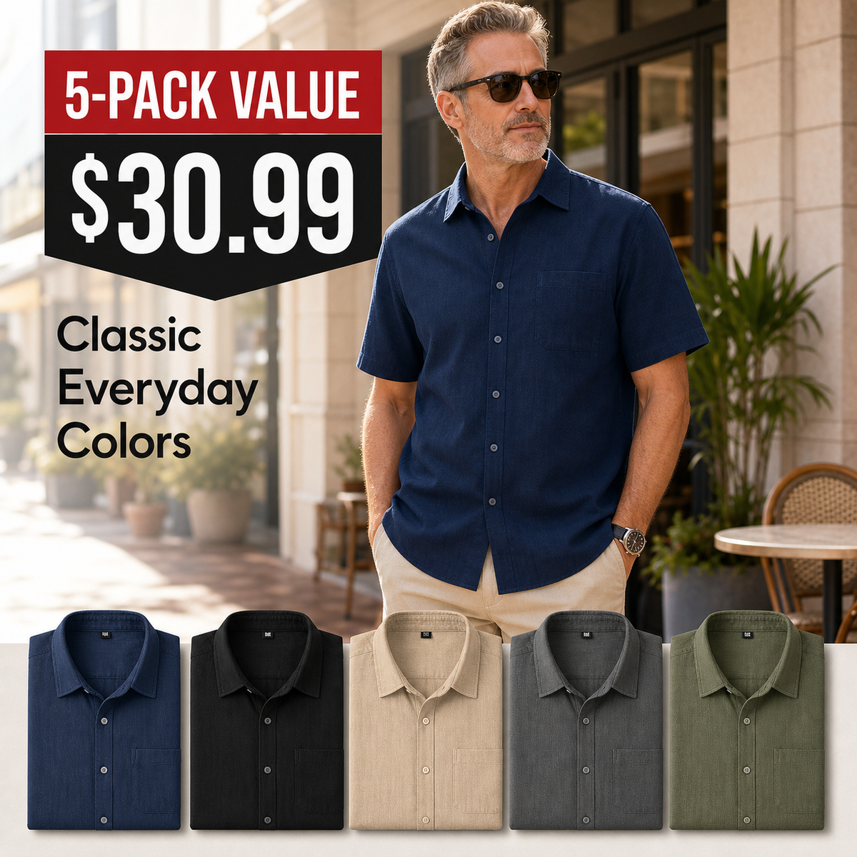 Men's Short Sleeve Linen-Look Button-Up Shirt