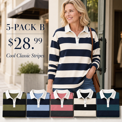 Women's Relaxed Striped Rugby Polo Long Sleeve Top