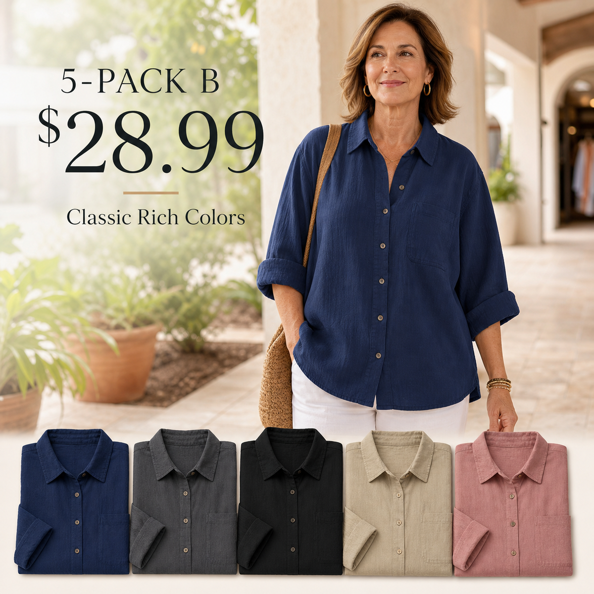 Women's Relaxed Button-Front Three-Quarter Sleeve Shirt Blouse