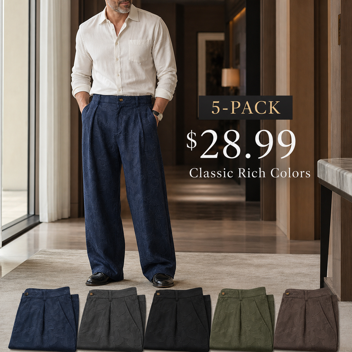 Men's Embossed Floral Wide-Leg Casual Pants