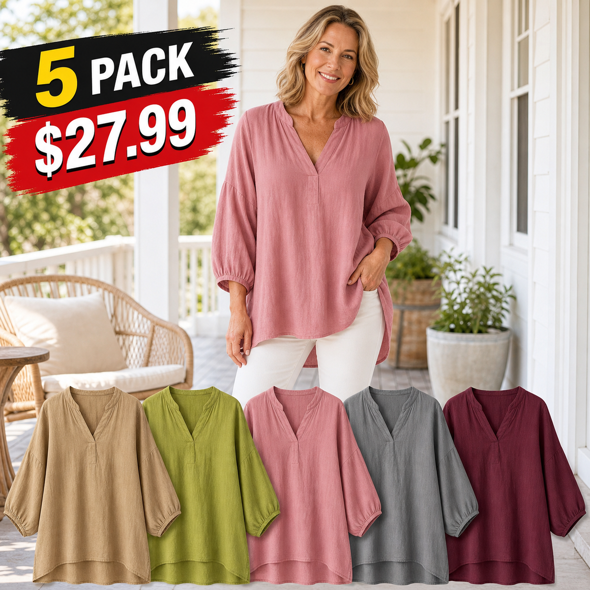 Women's Relaxed Linen-Blend V-Neck Tunic Blouse