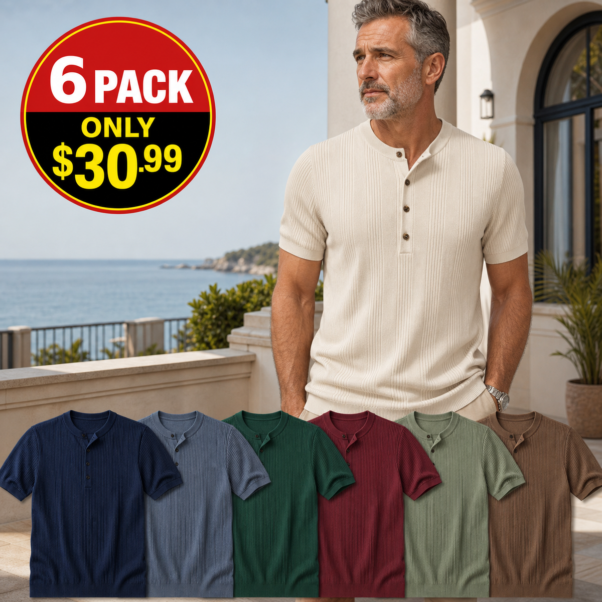 Men's Short Sleeve Ribbed Knit Henley Shirt