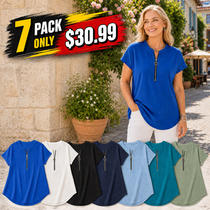 Women's Pleated Zip-Neck Short Sleeve Top