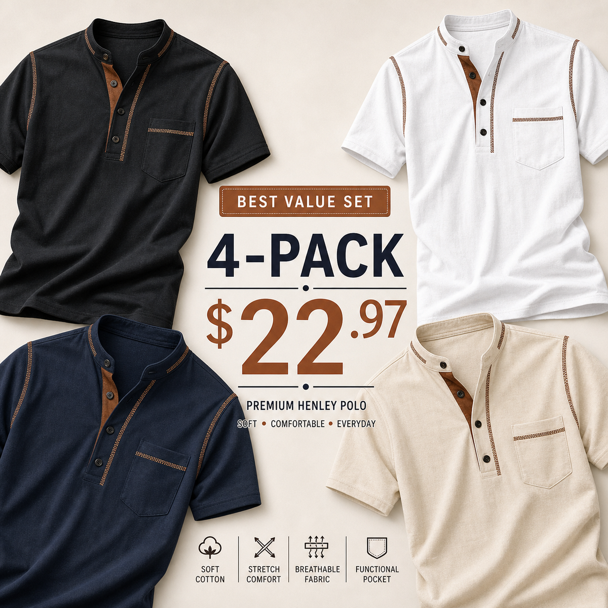 SUMMER FINAL SALE - Men's Henley Pocket Polo Shirt 12-Pack $34.99