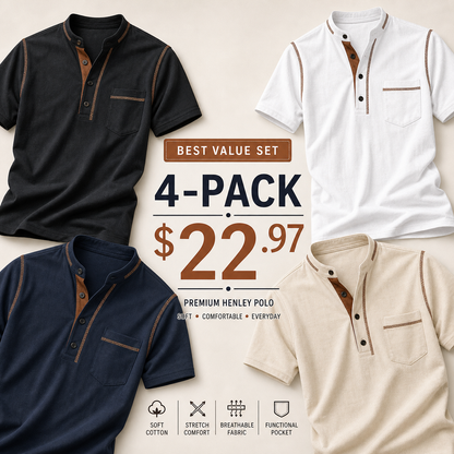 SUMMER FINAL SALE - Men's Henley Pocket Polo Shirt 12-Pack $34.99