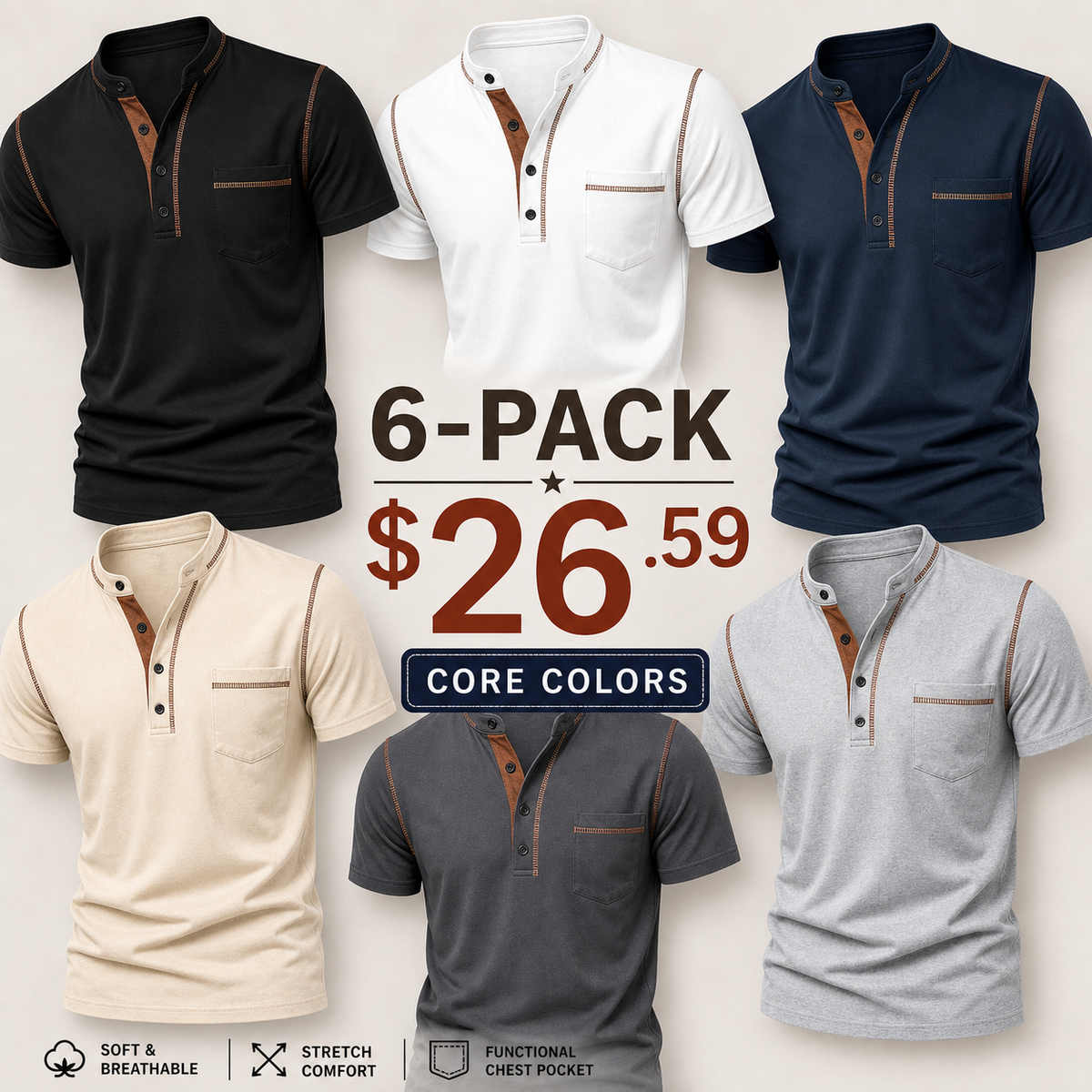 SUMMER FINAL SALE - Men's Henley Pocket Polo Shirt 12-Pack $34.99