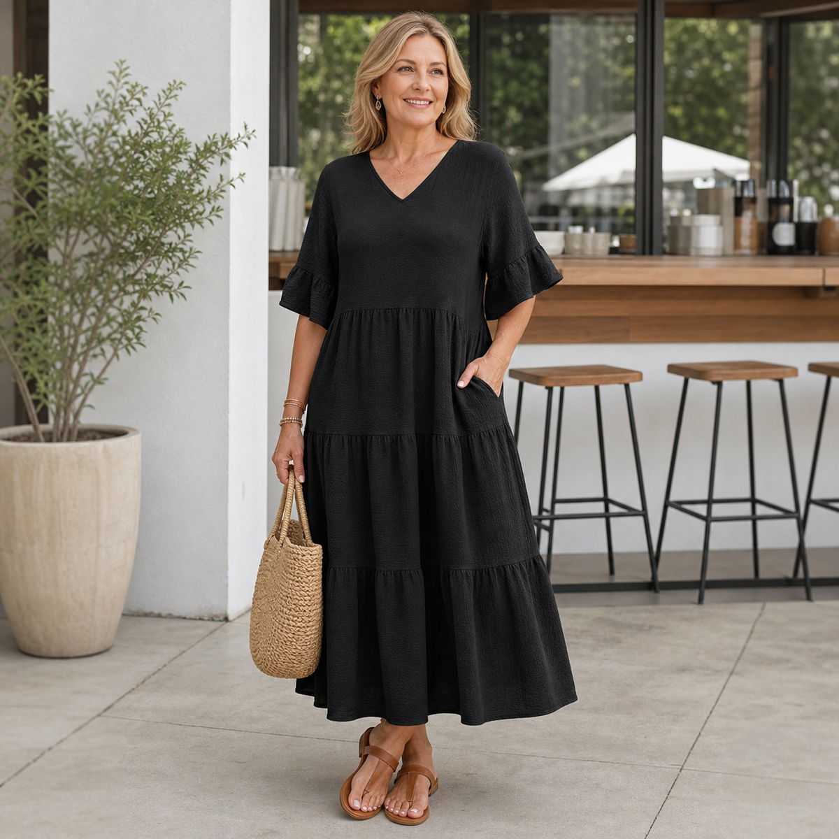 Women's Relaxed Tiered V-Neck Maxi Dress