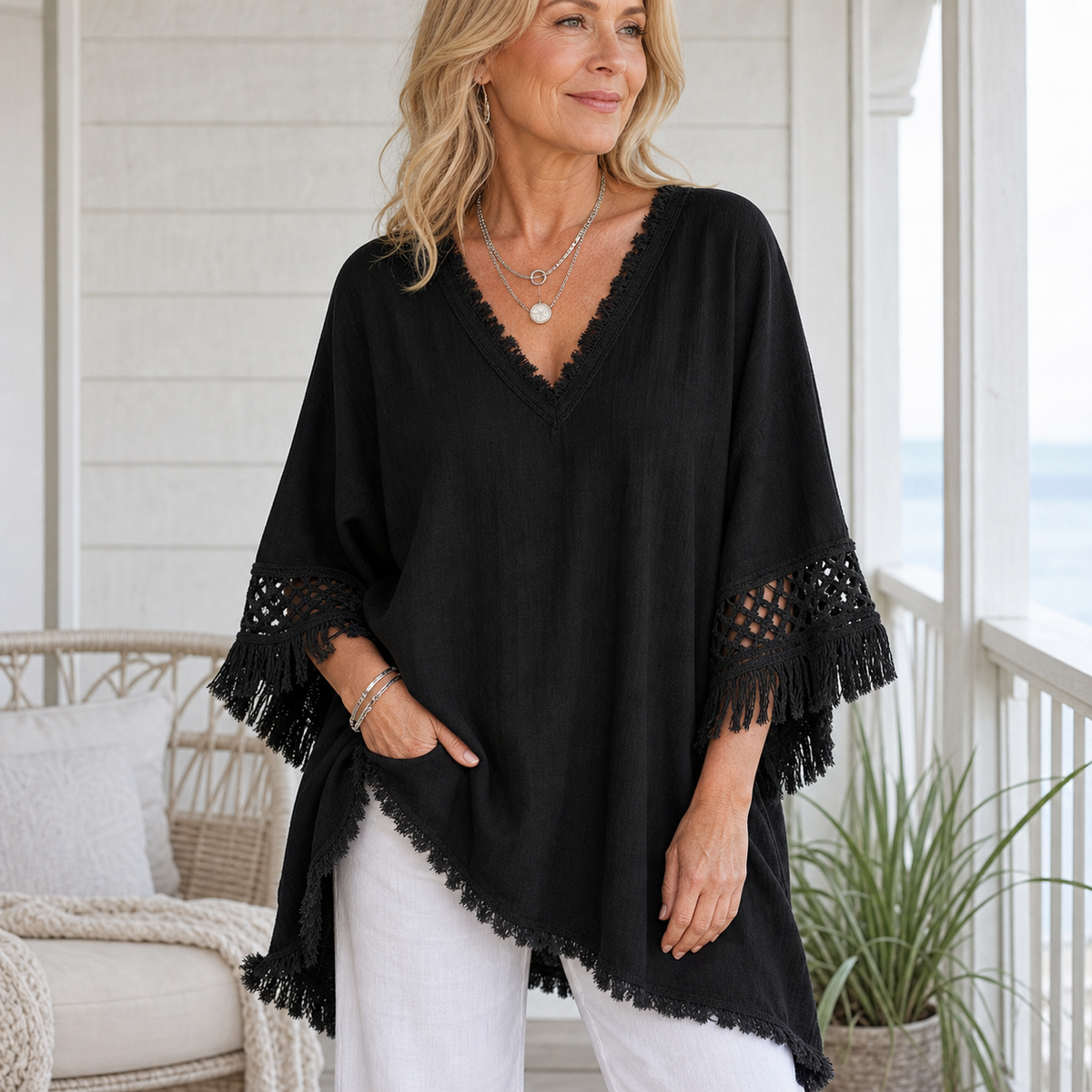 Women's Fringed Lace Sleeve V-Neck Tunic Top