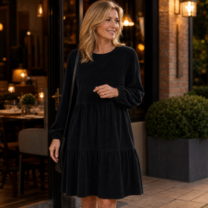 Women's Soft Corduroy Tiered Long Sleeve Dress