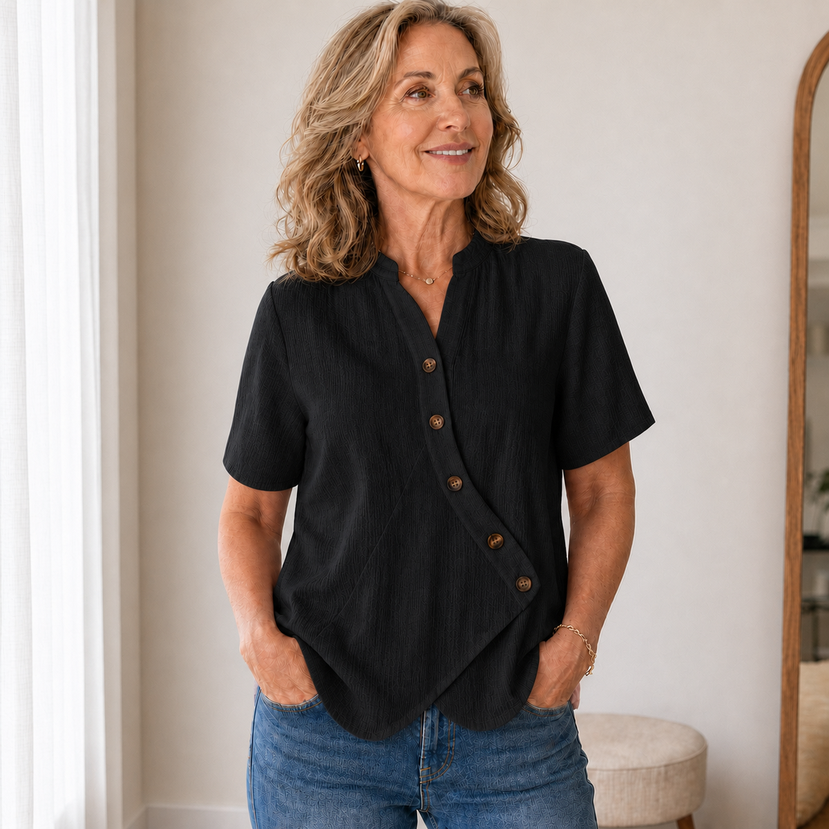 Women's Short Sleeve Asymmetrical Button Blouse