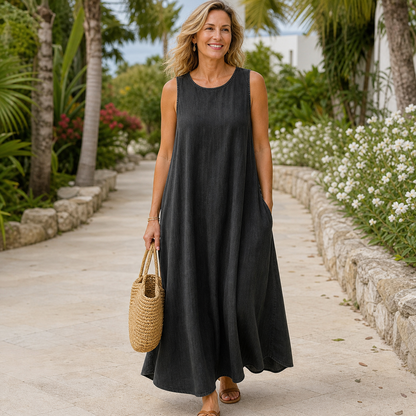 Women's Sleeveless Relaxed A-Line Denim-Look Dress