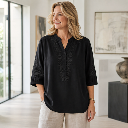 Women's Embroidered Linen-Look V-Neck Blouse
