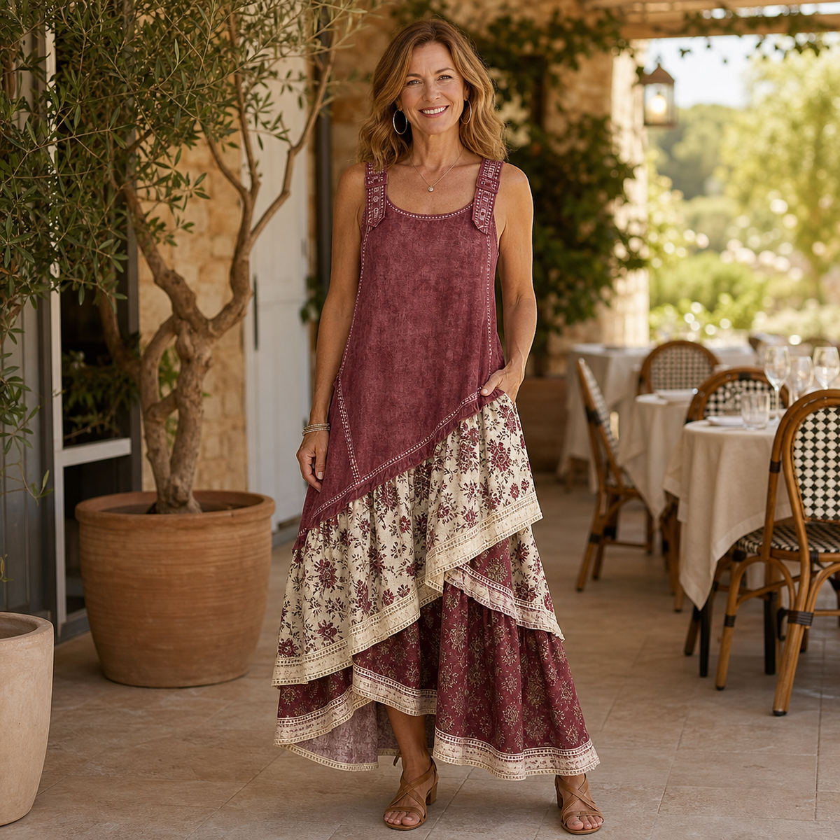 Women's Sleeveless Boho Patchwork Midi Dress