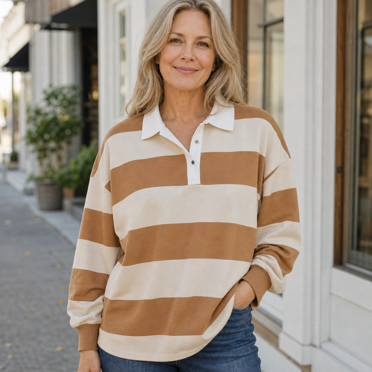 Women's Relaxed Striped Rugby Polo Long Sleeve Top