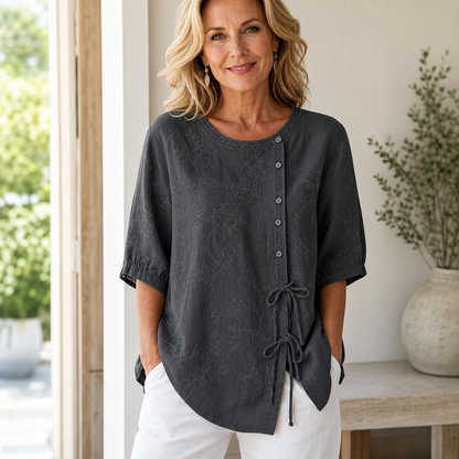 Women's Embroidered Tie-Front Short Sleeve Blouse