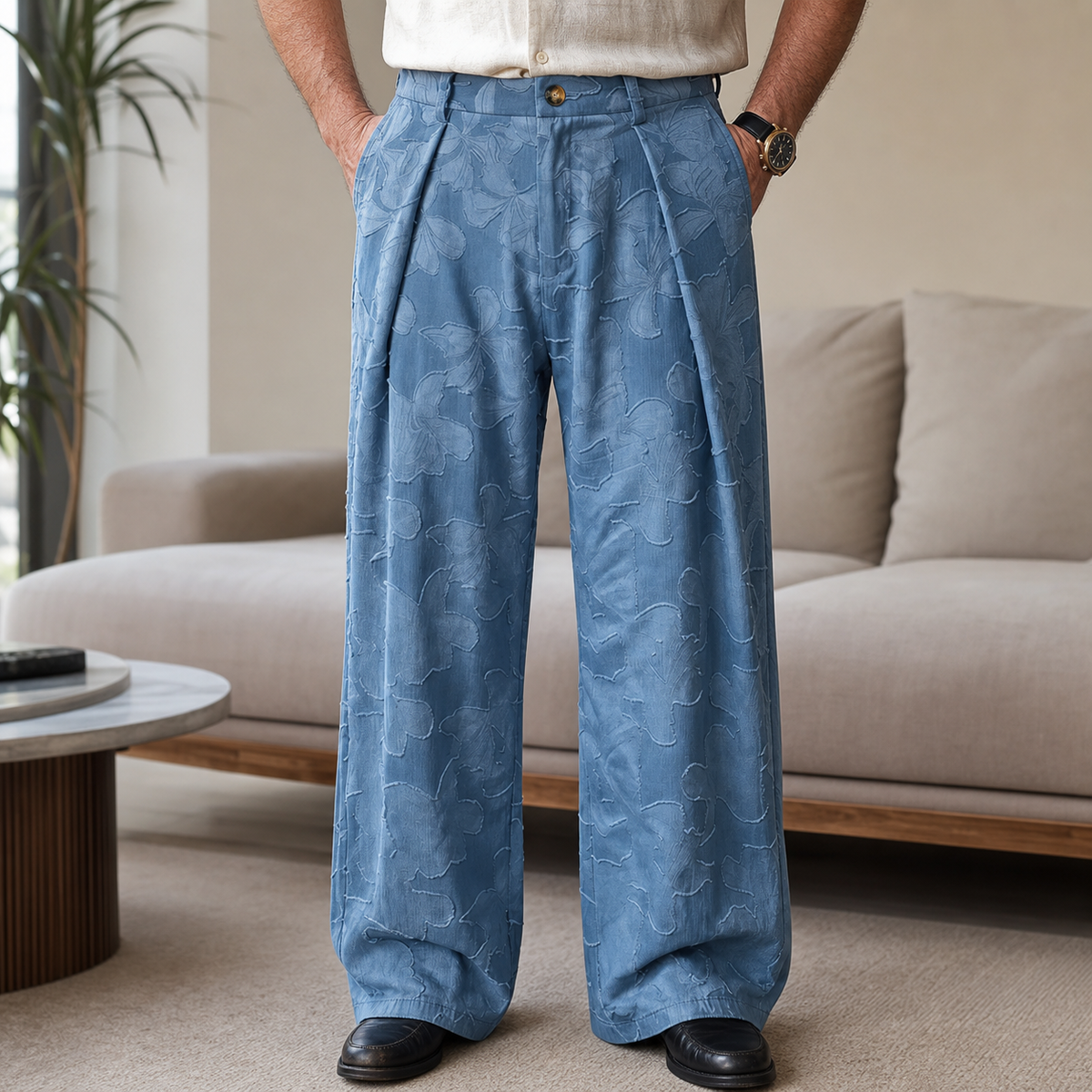 Men's Embossed Floral Wide-Leg Casual Pants