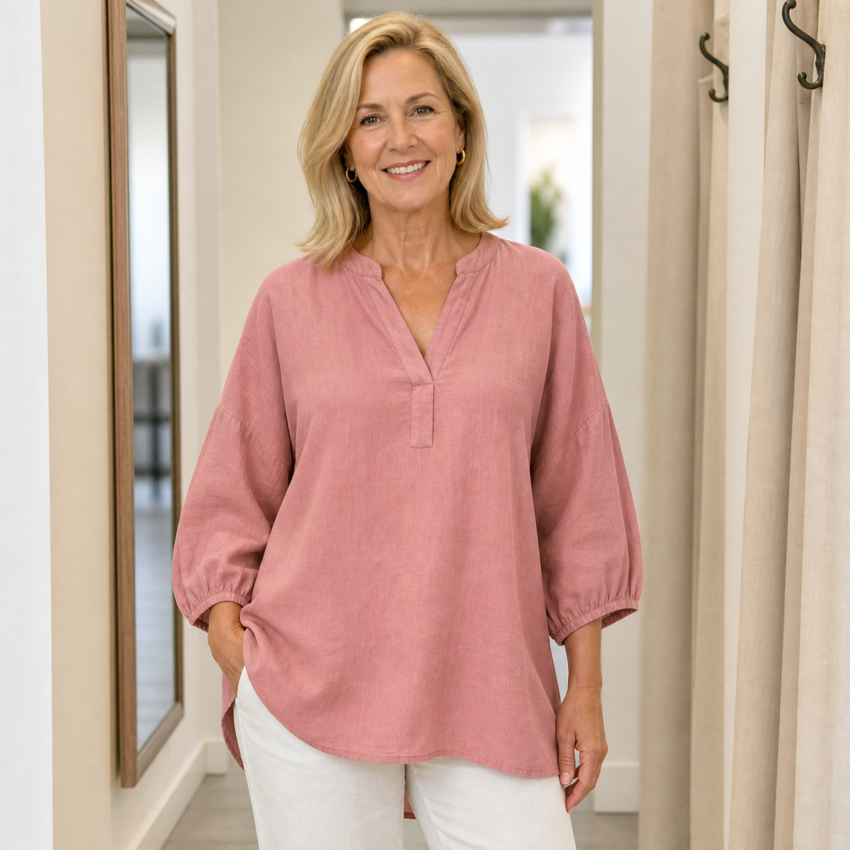 Women's Relaxed Linen-Blend V-Neck Tunic Blouse