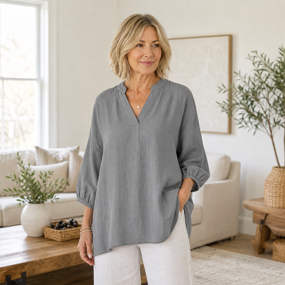 Women's Relaxed Linen-Blend V-Neck Tunic Blouse