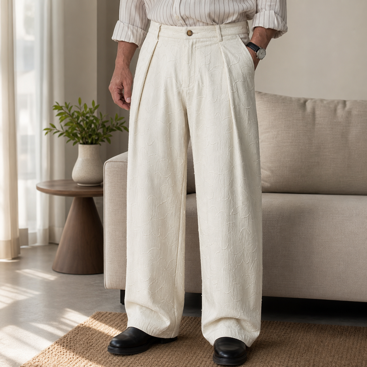 Men's Embossed Floral Wide-Leg Casual Pants