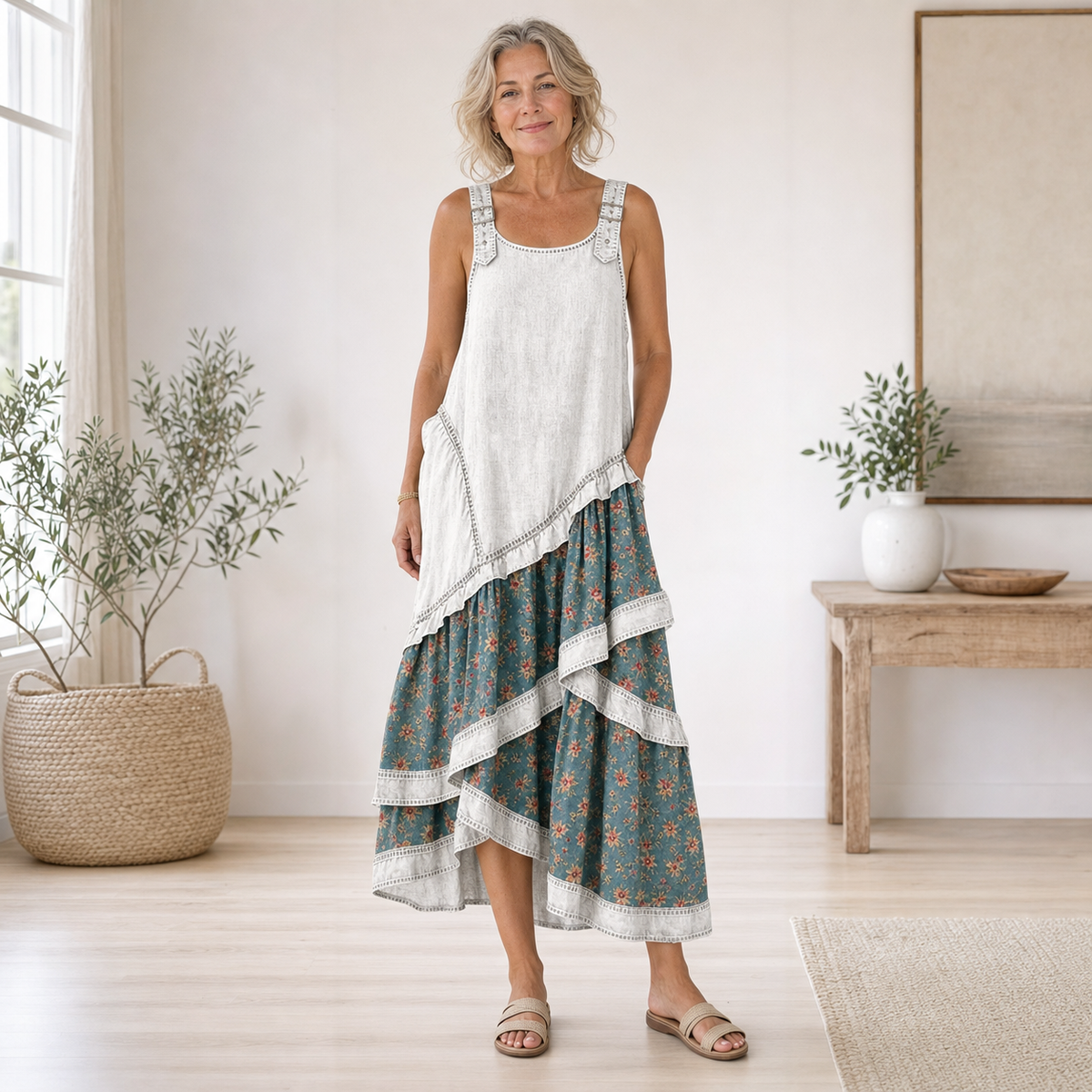 Women's Sleeveless Boho Patchwork Midi Dress