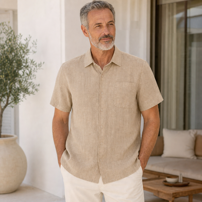 Men's Short Sleeve Linen-Look Button-Up Shirt